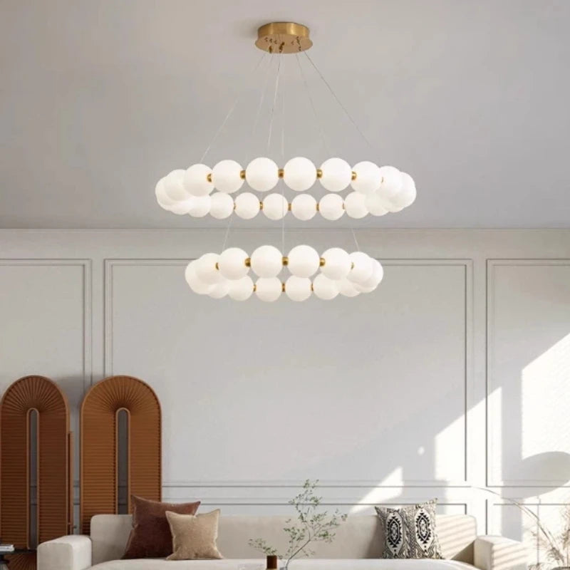 Modern Pearl Ball Ring Chandelier in Cream White for Living Room