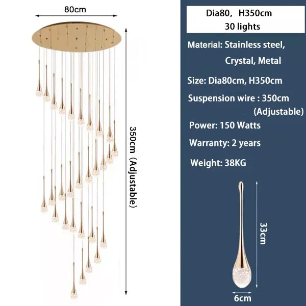 Lámpara de Araña LED de Diseño Moderno para Escalera, Lámpara de Cristal Larga de Lujo para Pasillo, con Luz Colgante Dorada Regulable para Decoración del Hogar