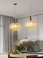 Nordic Modern Ribbed Glass Pendant Light Green/Grey/Amber Glass Hanging Lamp for Kitchen Island Dining Room Home Decor E27