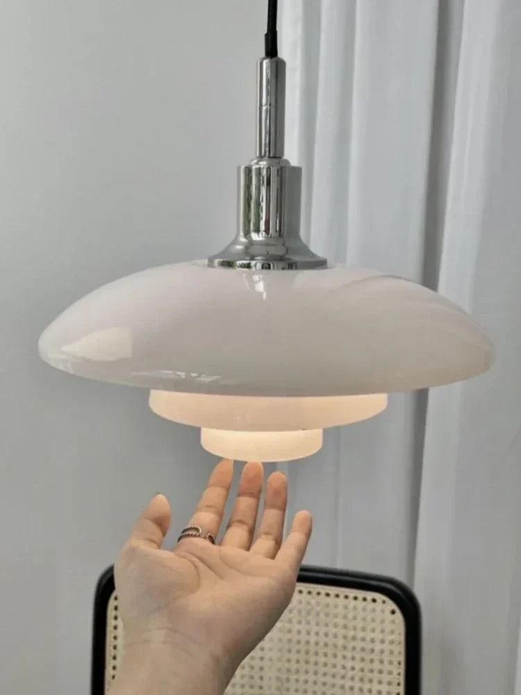 Danish Three Tier Glass Dish Pendant Light in White and Gold for Dining Room