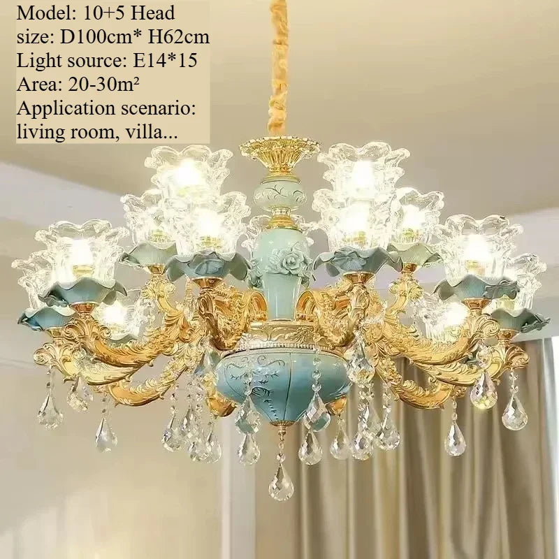 Lámpara de araña de cristal de lujo, cerámica azul, para sala de estar, lámpara de techo de villa, dormitorio, comedor, accesorios de iluminación para decoración del hogar.