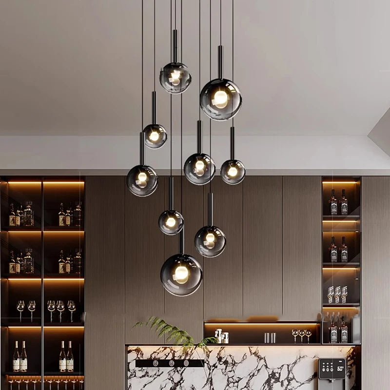 Smoked Glass Ball Cluster Staircase Chandelier with LED Globes