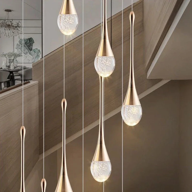 Lámpara de Araña LED de Diseño Moderno para Escalera, Lámpara de Cristal Larga de Lujo para Pasillo, con Luz Colgante Dorada Regulable para Decoración del Hogar