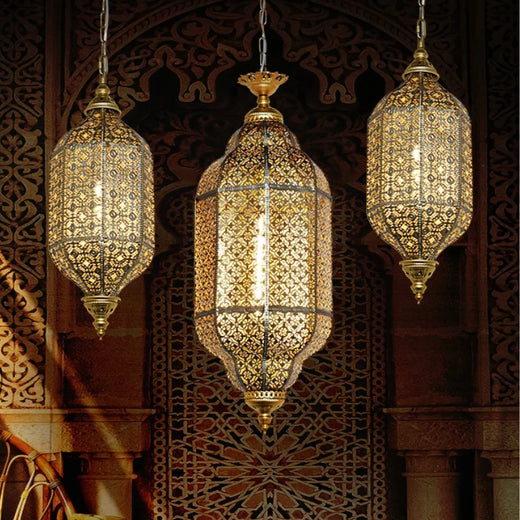 Moroccan Carved Brass Lantern Pendant Light for Restaurant and Hallway