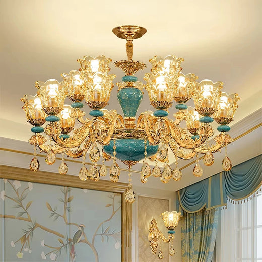 Candelabro de salón de estilo europeo, lámpara de cristal de cerámica de lujo para el hogar, nuevo estilo, sencilla, para dormitorio o restaurante