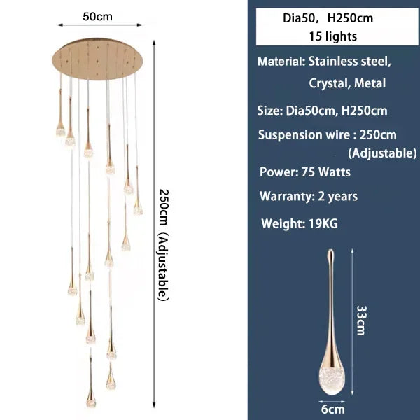 Lámpara de Araña LED de Diseño Moderno para Escalera, Lámpara de Cristal Larga de Lujo para Pasillo, con Luz Colgante Dorada Regulable para Decoración del Hogar