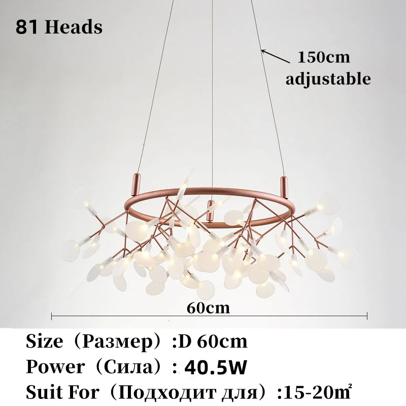 Lámpara nórdica de techo de lujo moderna para sala de estar o cocina, con forma de luciérnaga, LED, colgante, de interior, creativa, para habitación infantil, con anillos de luz