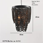 Bohemian Wood Beaded Chandelier with Draped Swags for Entryway