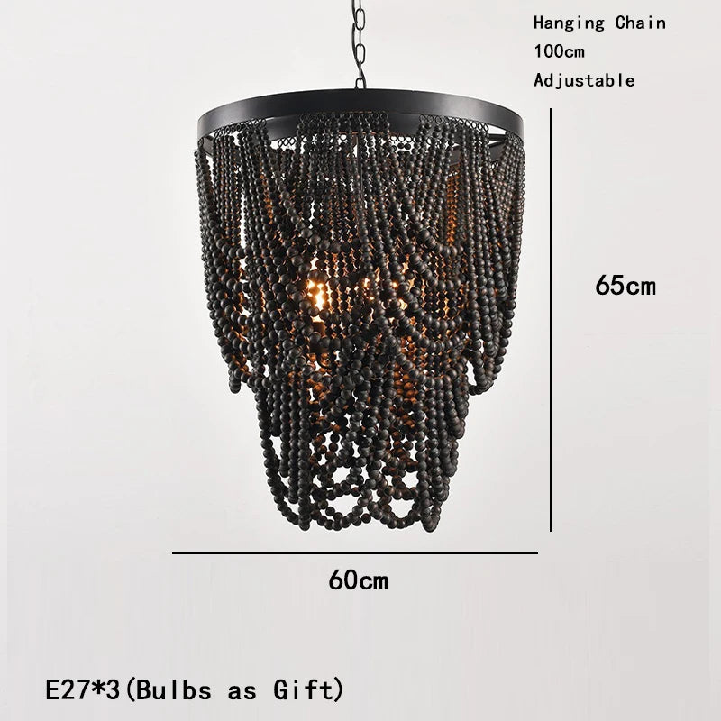 Bohemian Wood Beaded Chandelier with Draped Swags for Entryway