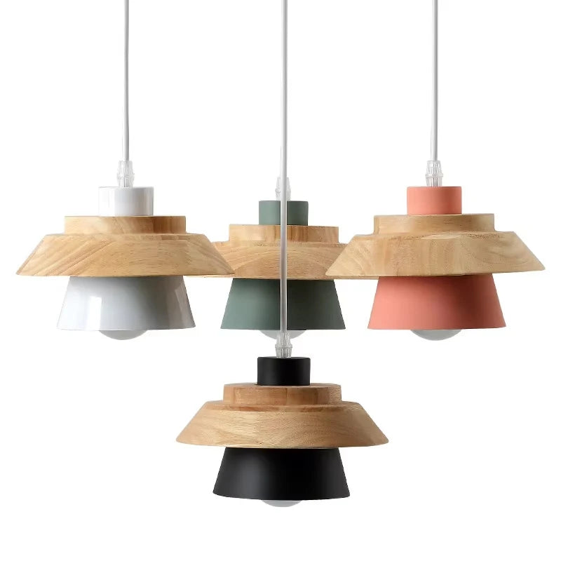 Nordic Wood and Macaron Metal Two Tier Pendant Light for Dining Nook