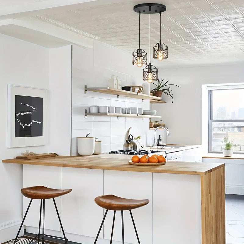 Industrial Black Wire Cage 3 Light Cluster Pendant for Dining Room