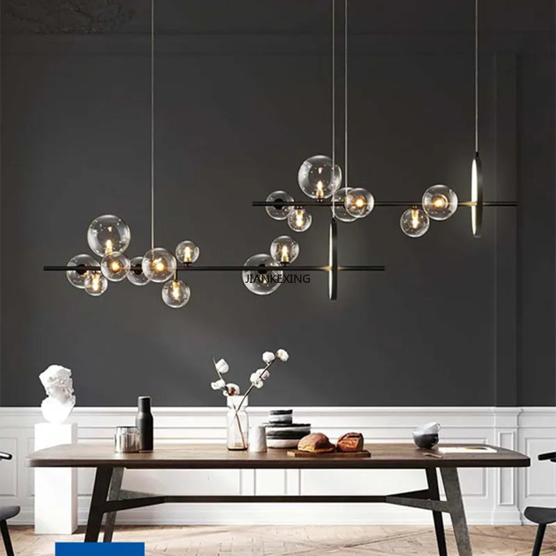 Modern Glass Bubble Linear Chandelier in Black for Dining Table