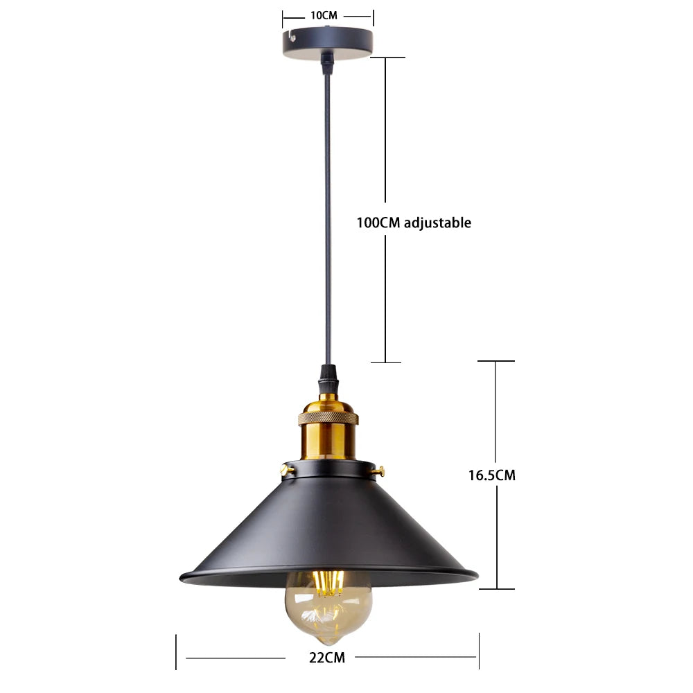 Retro Industrial Black Cone Pendant Light with Brass Fitting for Kitchen
