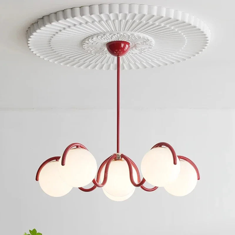French Cream Squiggle Chandelier with Opal Glass Globes in Red and White