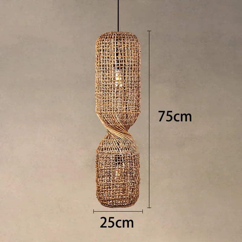 Hand Woven Rattan Column Pendant Light for Staircase and Living Room