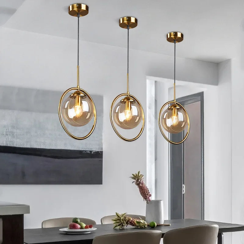 Nordic Golden Iron Pendant Light with Glass Shade