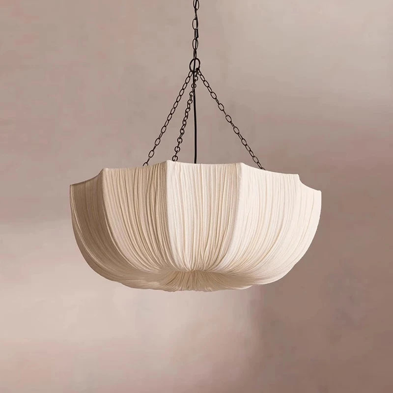 Wabi Sabi Pleated Fabric Dome Chandelier on Black Chains for Bedroom