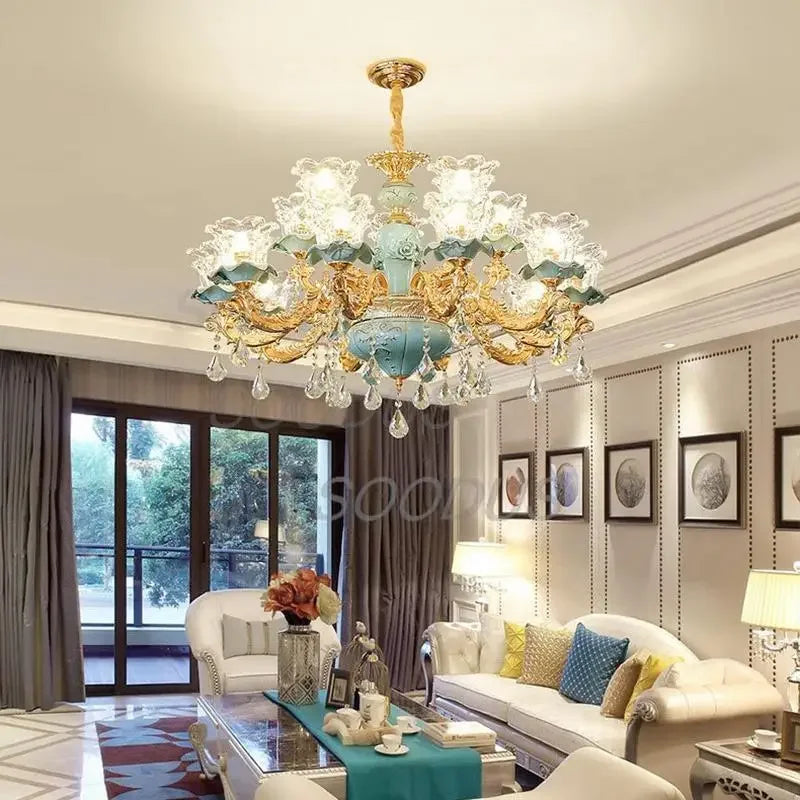 Lámpara de araña de cristal de lujo, cerámica azul, para sala de estar, lámpara de techo de villa, dormitorio, comedor, accesorios de iluminación para decoración del hogar.