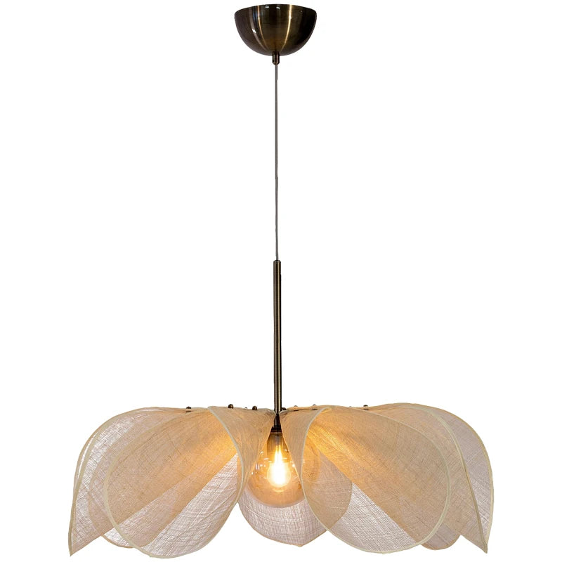 Japanese Linen Petal Pendant Light with Brass Stem for Bedroom