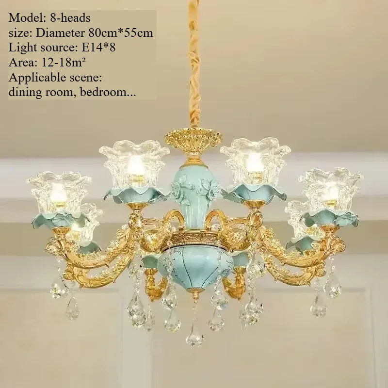 Lámpara de araña de cristal de lujo, cerámica azul, para sala de estar, lámpara de techo de villa, dormitorio, comedor, accesorios de iluminación para decoración del hogar.