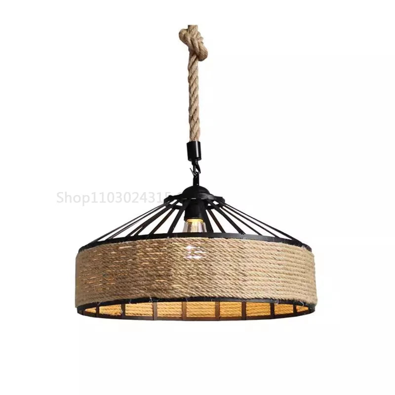 Rustic Hemp Rope Drum Pendant Light with Iron Frame for Dining Room