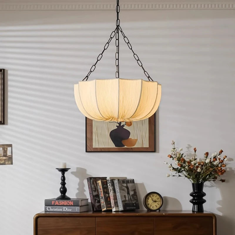 Wabi Sabi Pleated Fabric Lotus Chandelier with Iron Chains for Living Room