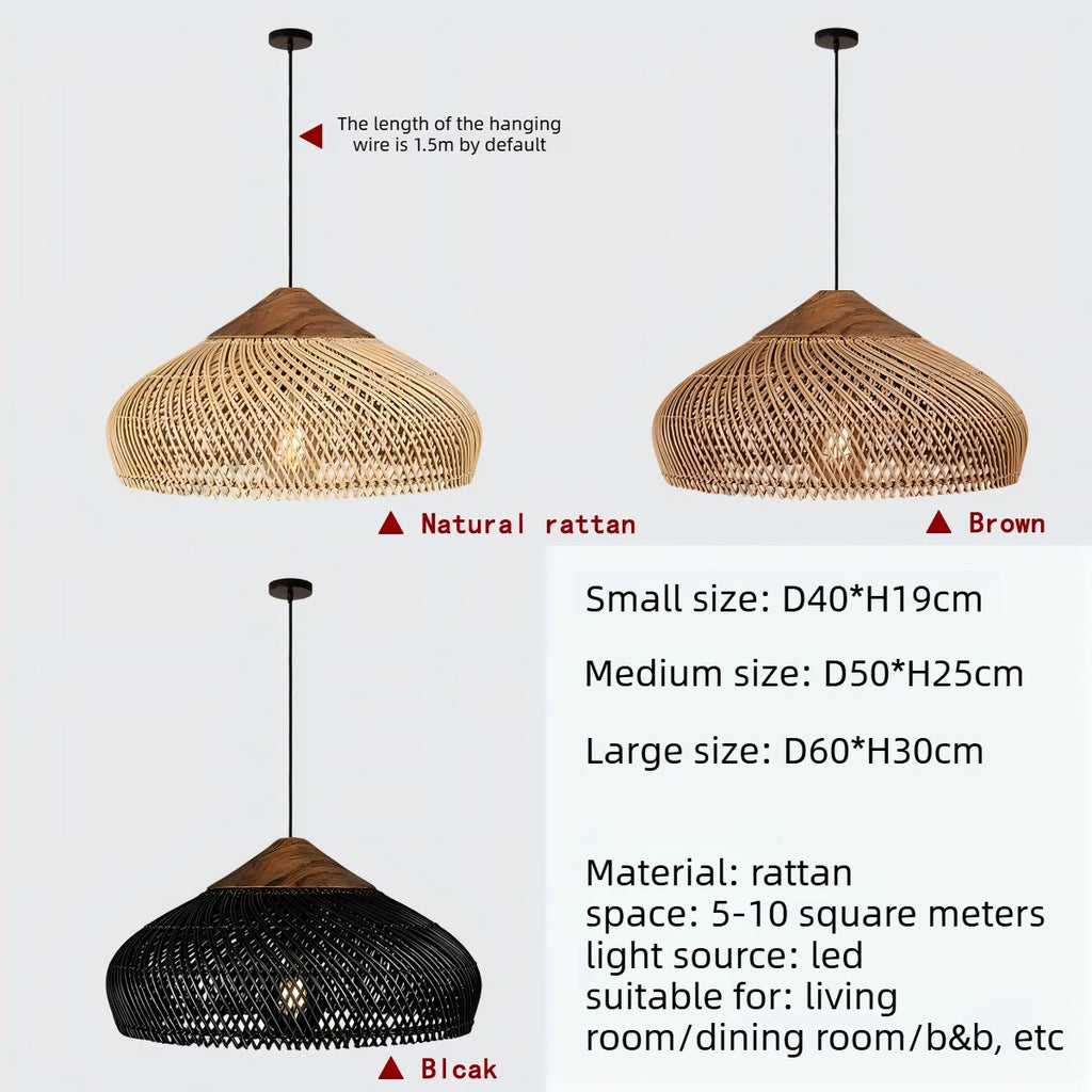 Wabi Sabi Rattan and Wood Pendant Light Hand Woven for Kitchen Island