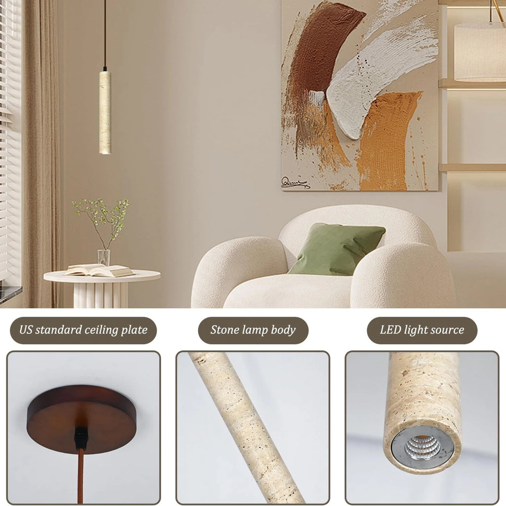 Slim Travertine Led Pendant Lamp Natural Stone Suspension Ceiling Hanging Light for Bedroom Bedside Dining Room Kitchen Island