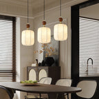 Lámpara colgante textil minimalista con detalle de madera