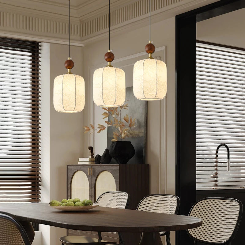 Minimalist Textile Pendant Light with Wood Accent