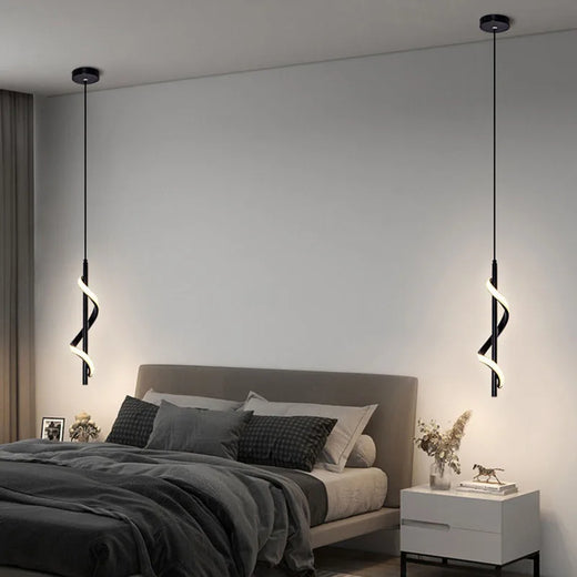 Modern Spiral Ribbon LED Pendant Light in Black and Gold for Bedside