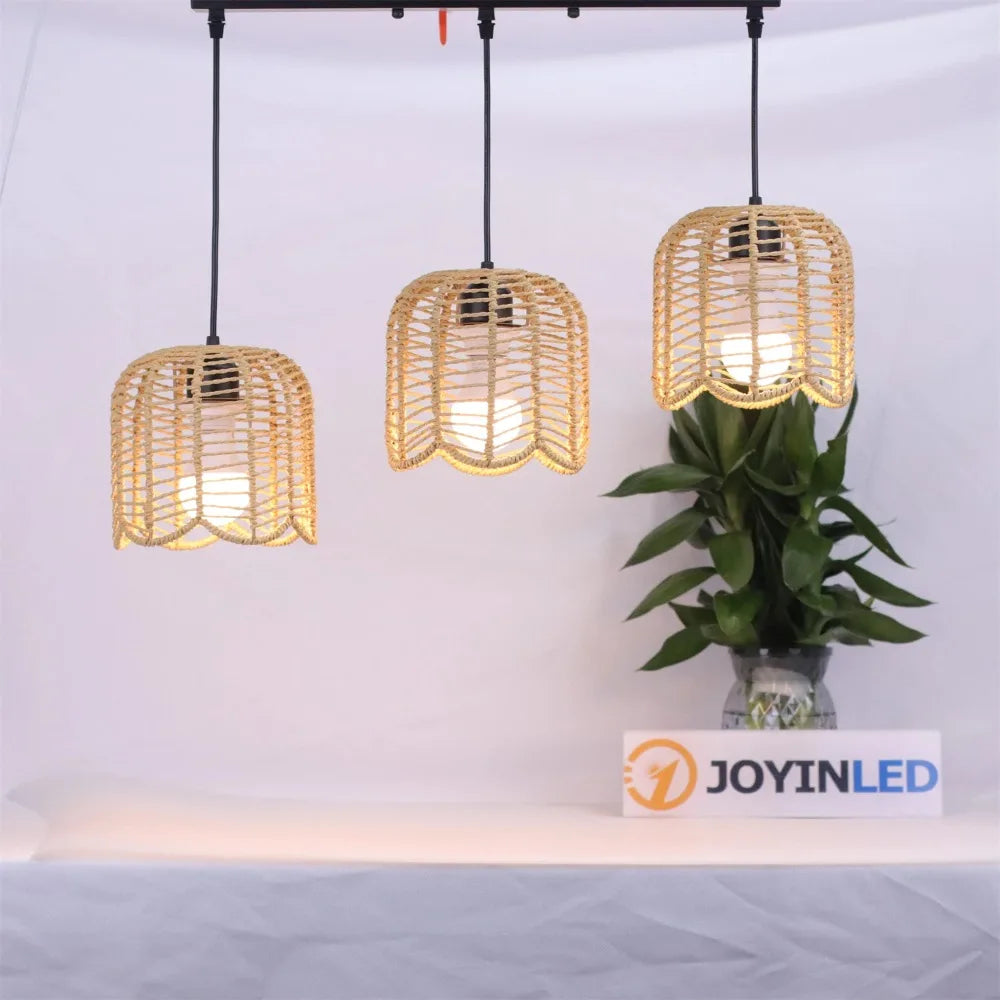 Lámpara Colgante de Techo Bohemio de Ratán de 3 Luces