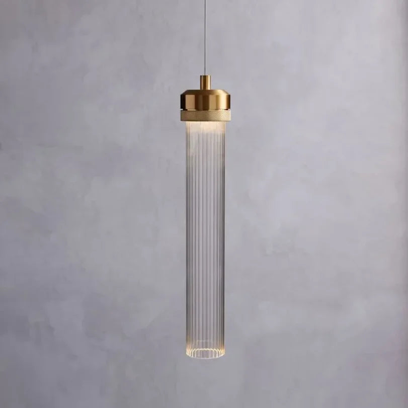 Modern Ribbed Glass Cylinder Pendant Light with Gold Cap for Bedside