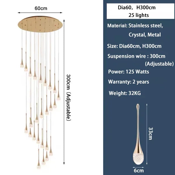 Lámpara de Araña LED de Diseño Moderno para Escalera, Lámpara de Cristal Larga de Lujo para Pasillo, con Luz Colgante Dorada Regulable para Decoración del Hogar