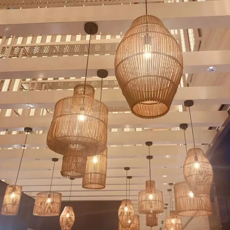 Lámparas colgantes LED de ratán retro para sala de estar, dormitorio, restaurante, lámpara colgante tipo loft, decoración del hogar, luminaria colgante