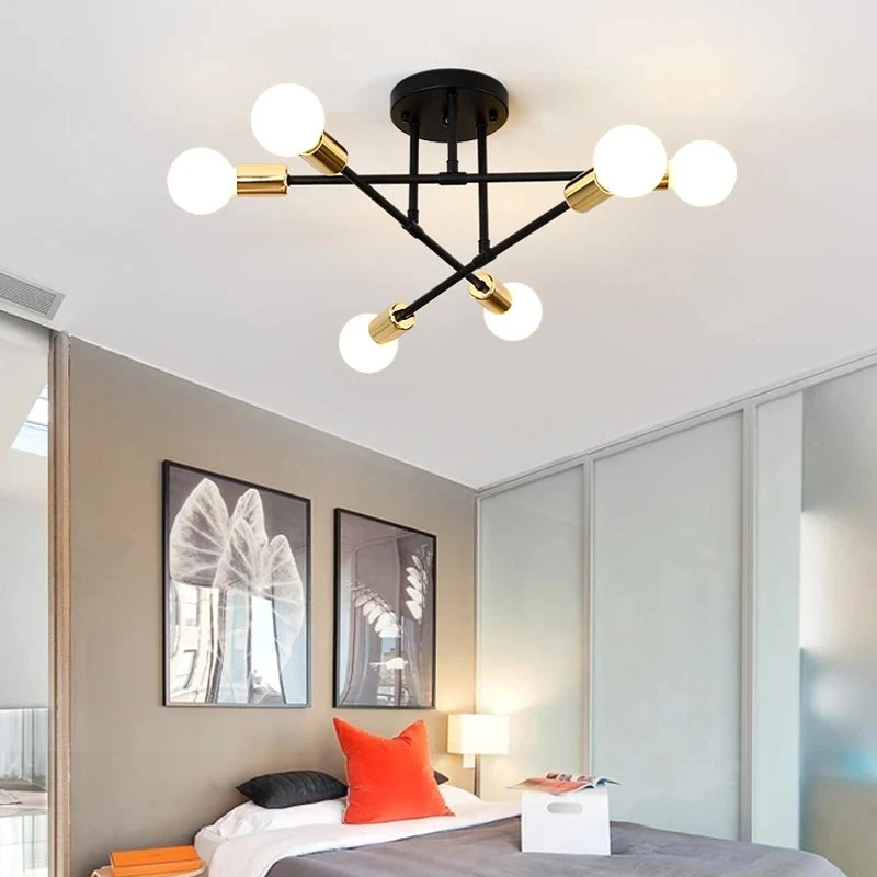 Modern Gold Sputnik Semi Flush Ceiling Light for Bedroom and Living Room
