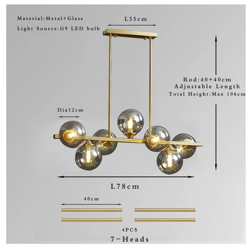 Glass Globe Mid Century Chandelier Linear Dining Light
