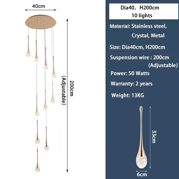 Lámpara de Araña LED de Diseño Moderno para Escalera, Lámpara de Cristal Larga de Lujo para Pasillo, con Luz Colgante Dorada Regulable para Decoración del Hogar
