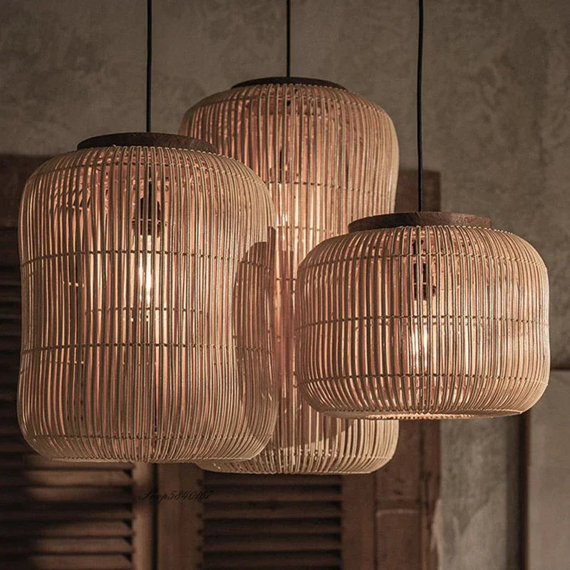 Vintage Bamboo Pendant Ceiling Light with Crystal Accents
