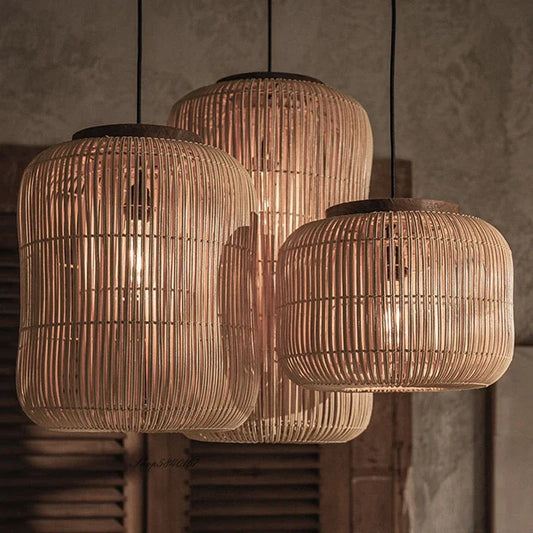 Vintage Bamboo Pendant Ceiling Light with Crystal Accents
