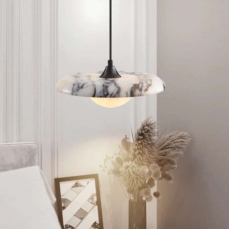 Luxury Veined Marble Saucer Pendant Light with Glowing Dome for Bedroom