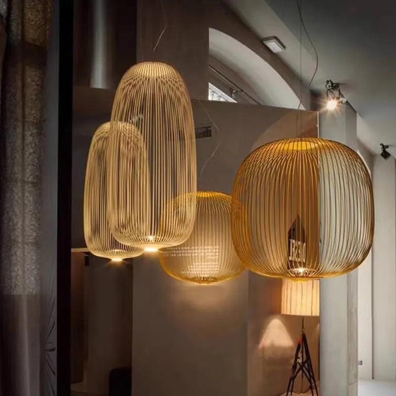Italian Spokes Wire Cage Pendant Light in Gold for Staircase and Lobby