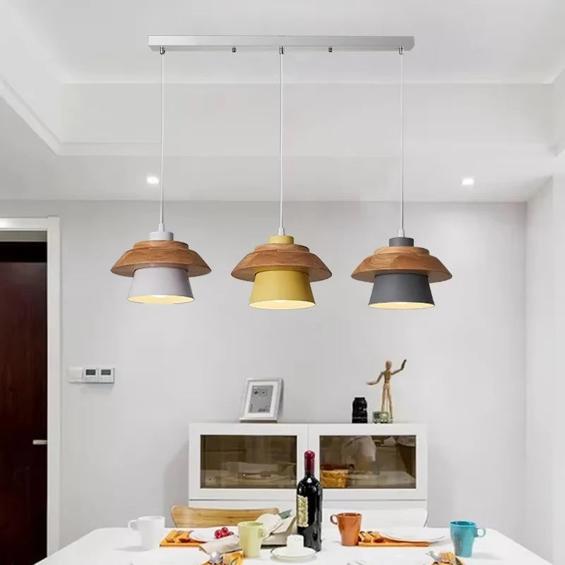 Nordic Wood and Macaron Metal Two Tier Pendant Light for Dining Nook