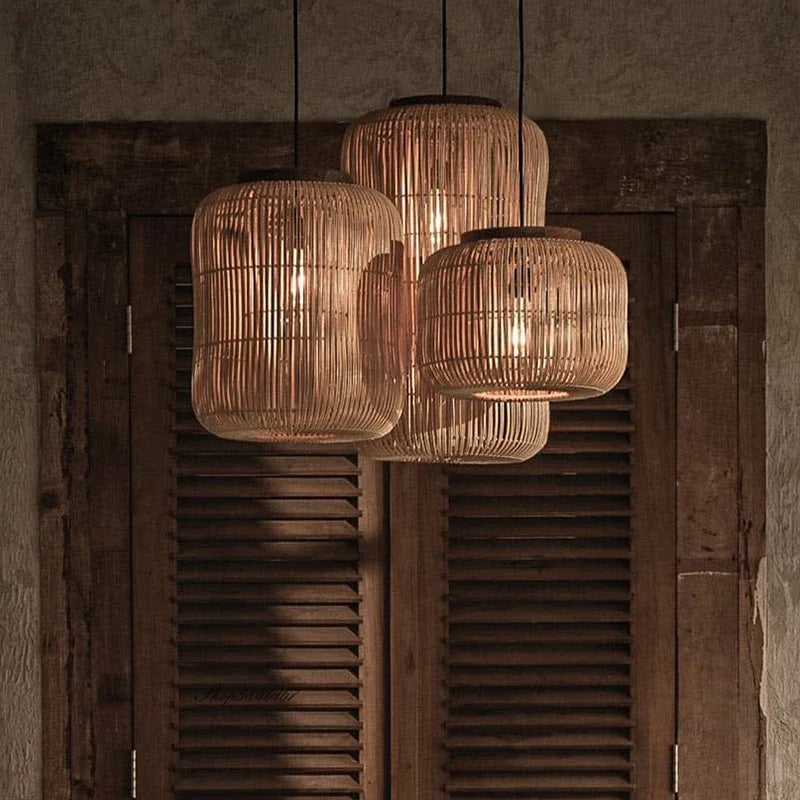 Vintage Bamboo Pendant Ceiling Light with Crystal Accents