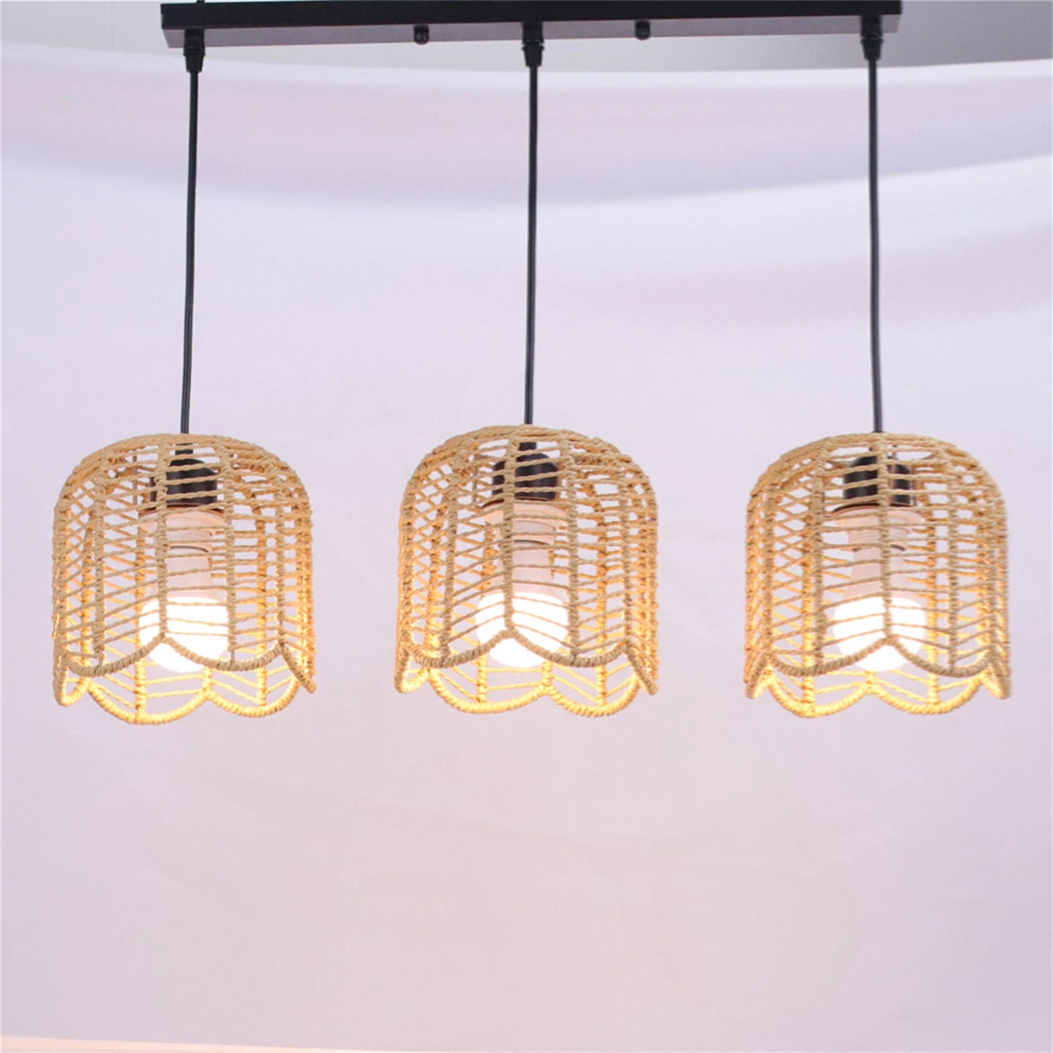 Lámpara Colgante de Techo Bohemio de Ratán de 3 Luces