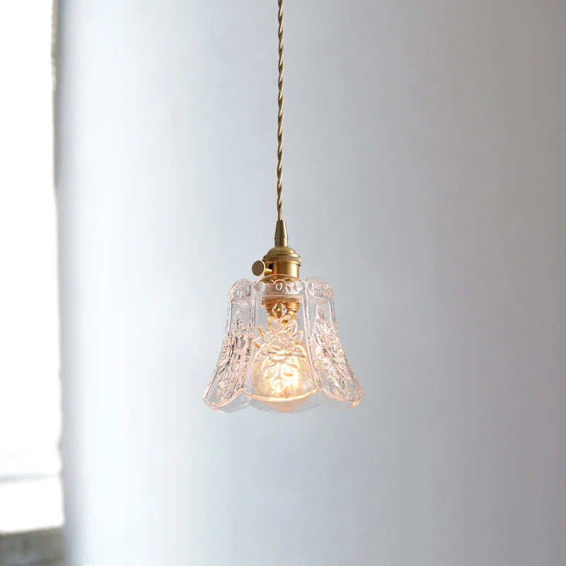 Vintage Textured Flower Glass Pendant Light with Brass Fitting for Bedside