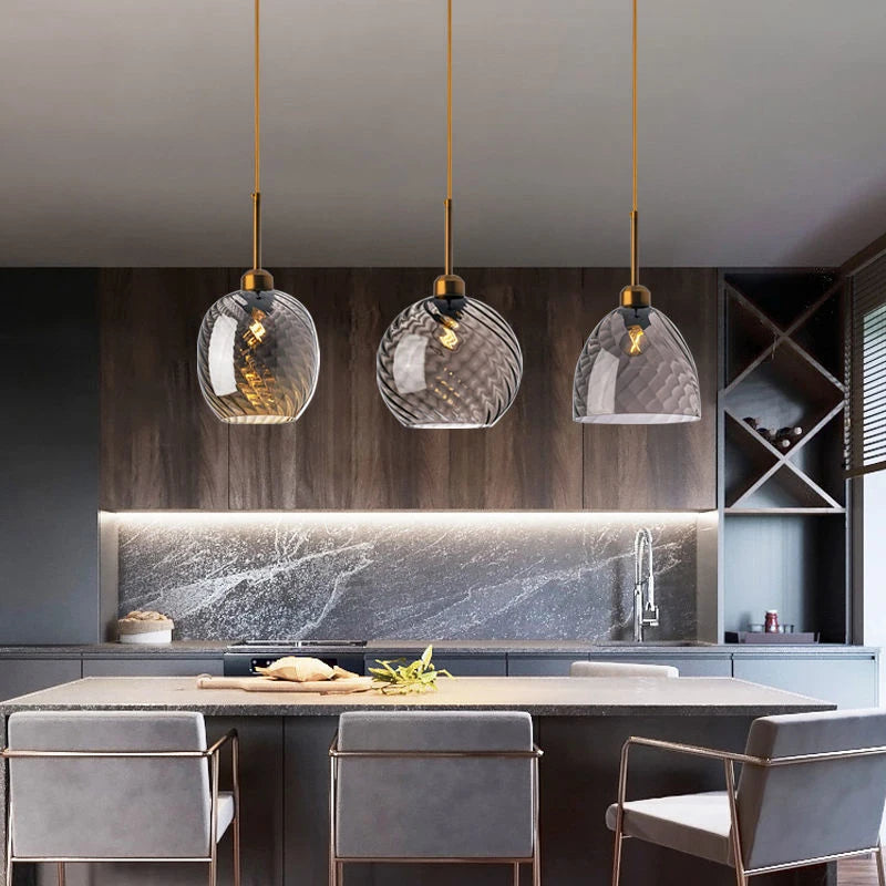 Modern Swirl Glass Pendant Light in Smoked Gray and Amber for Kitchen Island