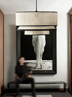 Japanese Linen Three Tier Drum Pendant Light with Black Trim for Dining Room
