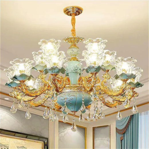 Lámpara de araña de cristal de lujo, cerámica azul, para sala de estar, lámpara de techo de villa, dormitorio, comedor, accesorios de iluminación para decoración del hogar.