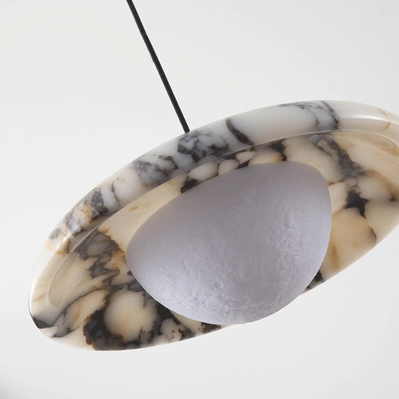 Luxury Veined Marble Saucer Pendant Light with Glowing Dome for Bedroom